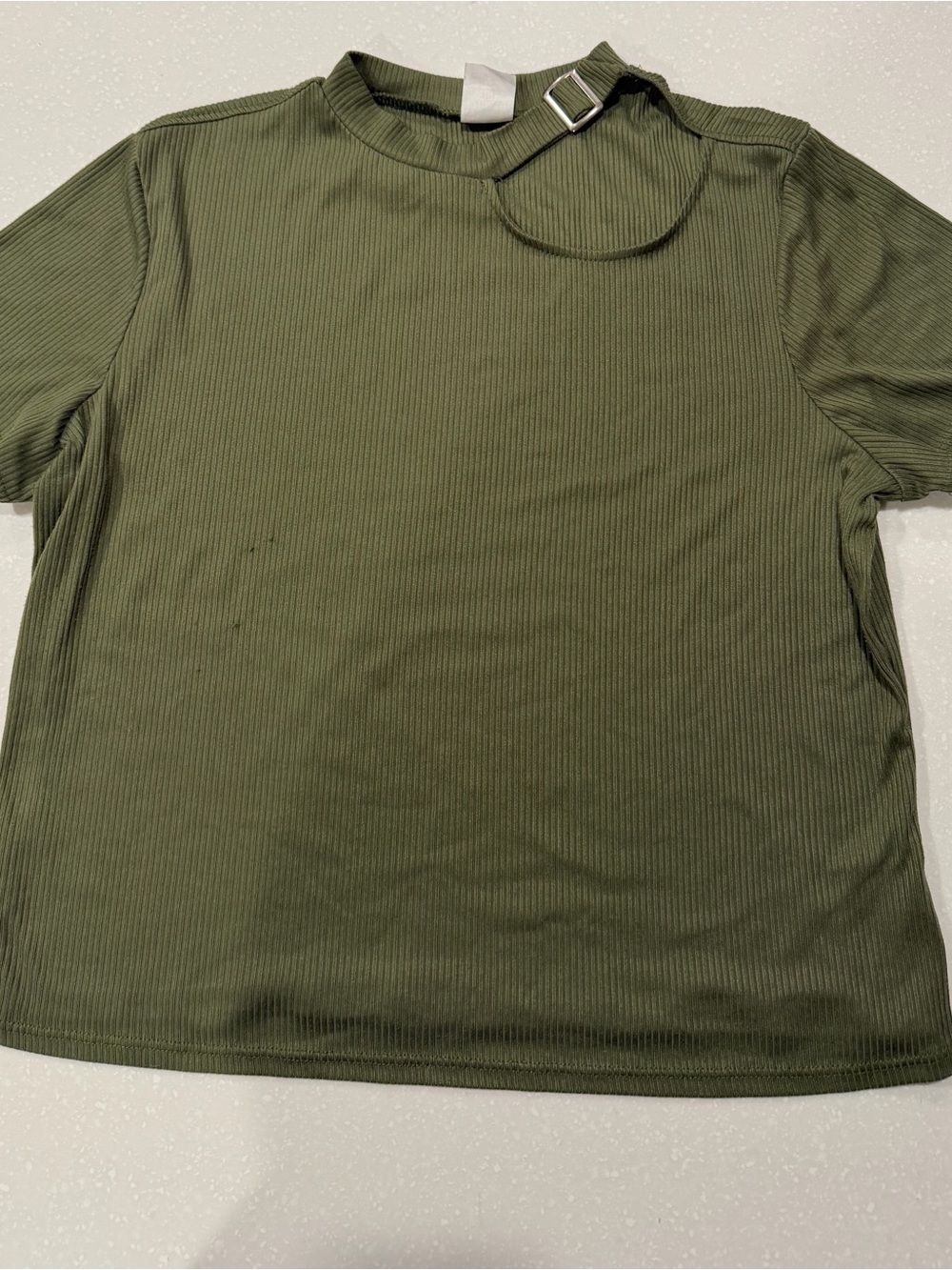 No Boundaries Olive Green Ribbed Short Sleeve Top with Neck Buckle